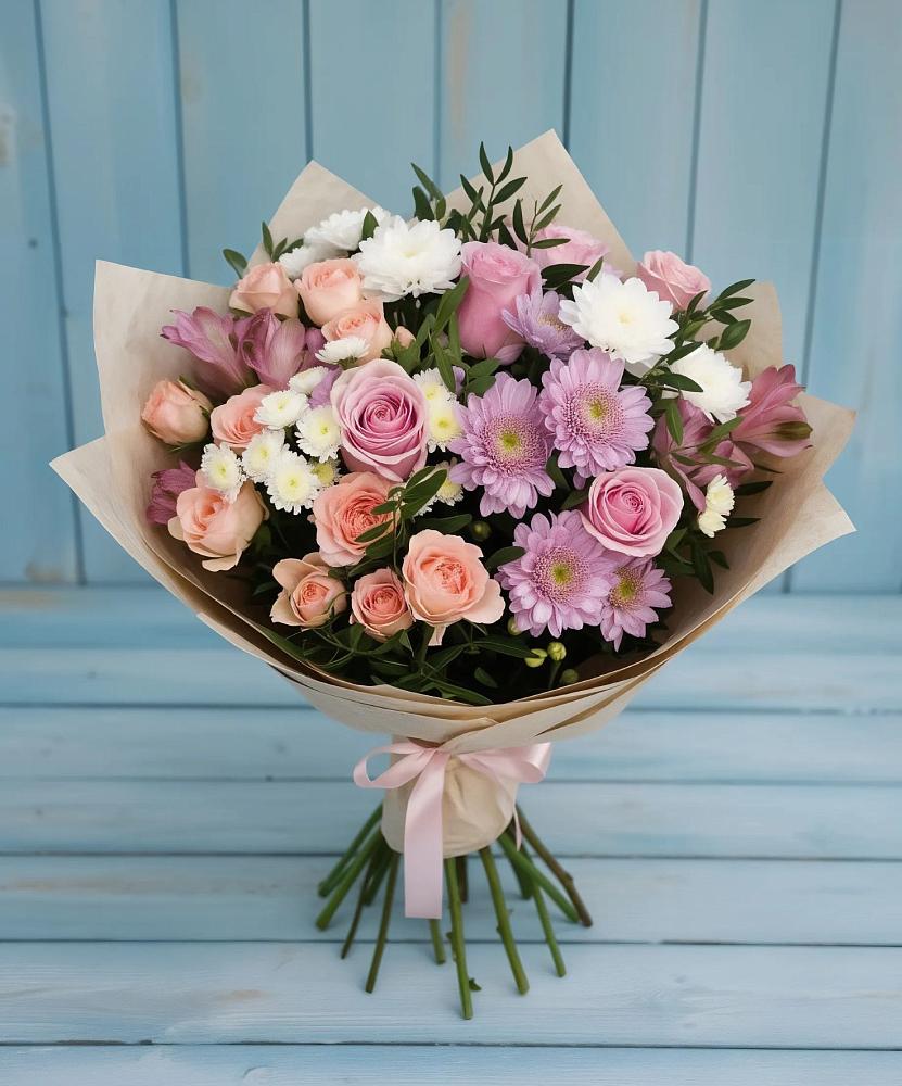 Букет цветов из: Хризантемы, Розы и Альстромерии в Поречье Рузского района