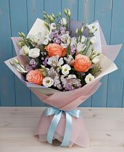 Букет цветов из:  Лизиантусы, Розы, Альстромерии и Гипсофила в Поречье Рузского района