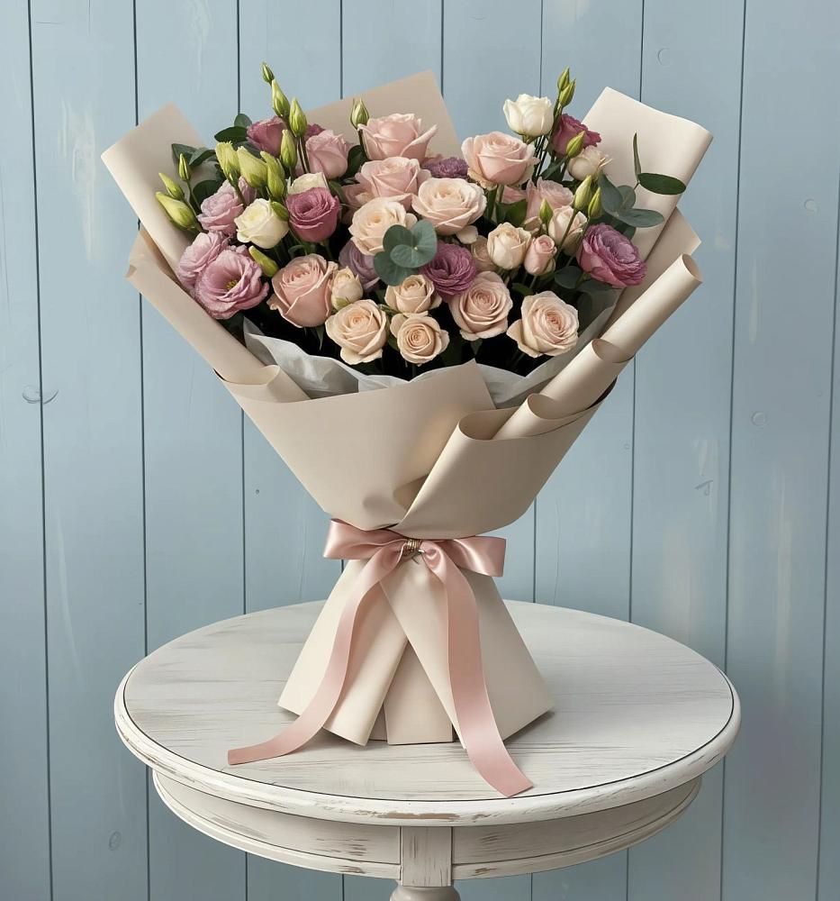 Букет цветов из: Розы и Лизиантусы в Поречье Рузского района