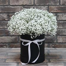 Цветочная композиция из Гипсофила в шляпной коробке в Поречье Рузского района