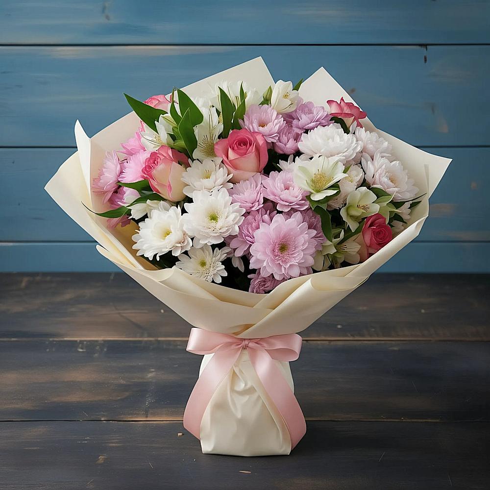 Букет цветов из: Хризантемы, Альстромерии и Розы в Поречье Рузского района